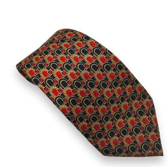 LANVIN Paris Neck Tie Vtg 100% Silk Made in France Geometric Navy Blue Red Gold - Picture 8 of 9